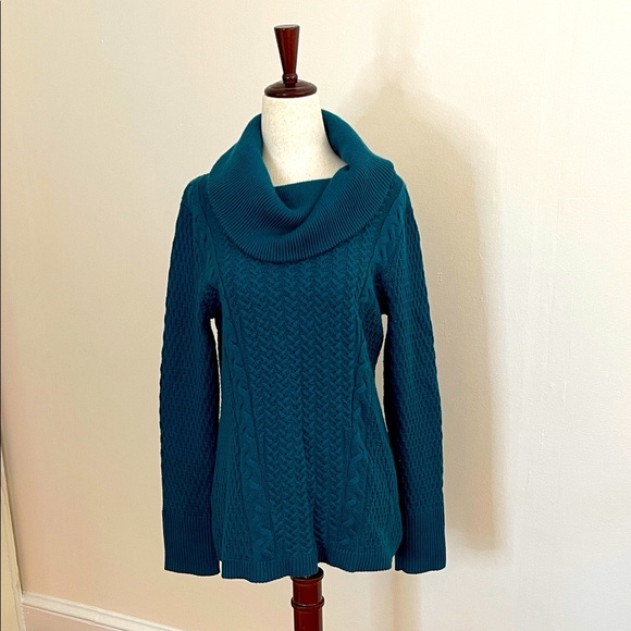Vintage Classiques Entier 100% Wool Ribbed Cowl Neck Sweater Teal Green M - Picture 1 of 5